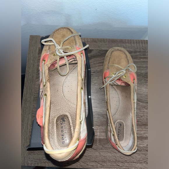 Sperry Topsider Hardback Tan Leather Pink/Plaid Preppy Boat Shoes Women's 9.5M - Picture 3 of 16